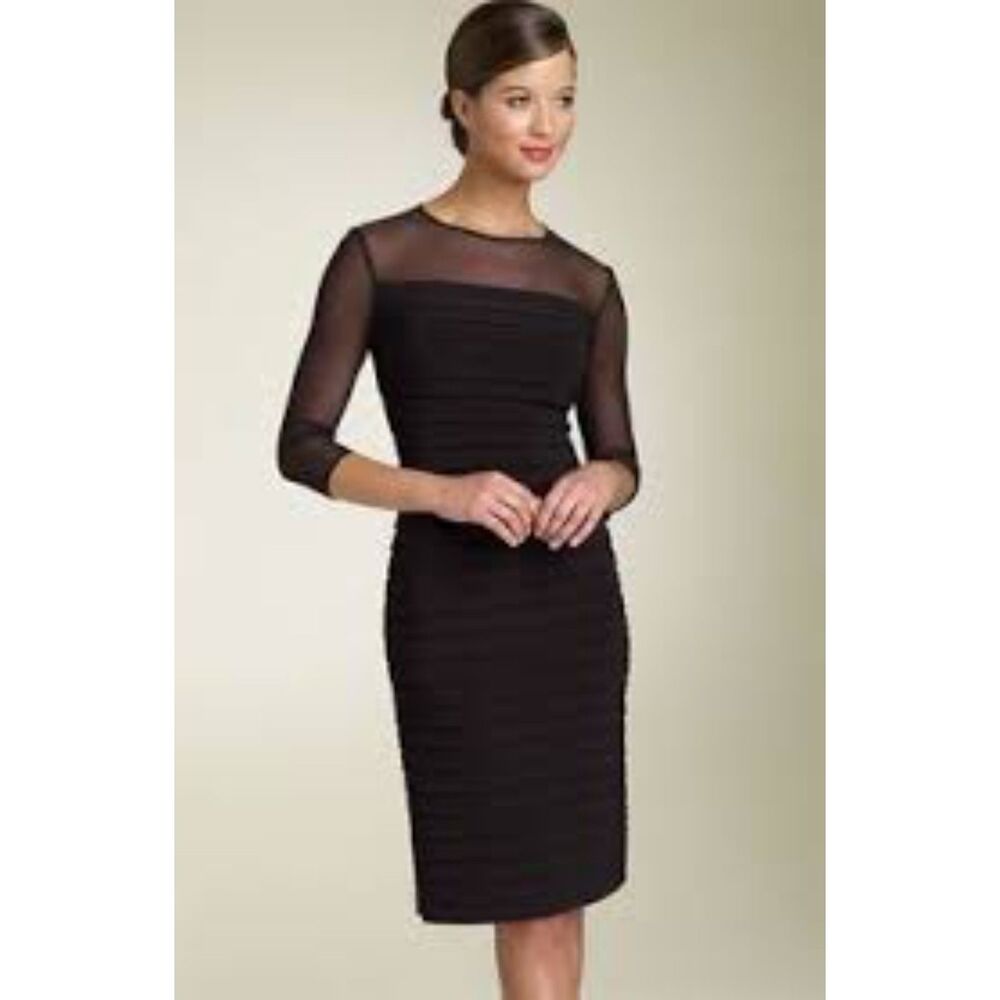 Adrianna Papell Black Sheer Neckline 3/4 Sleeve Cocktail Shutter Pleat Sheath 12